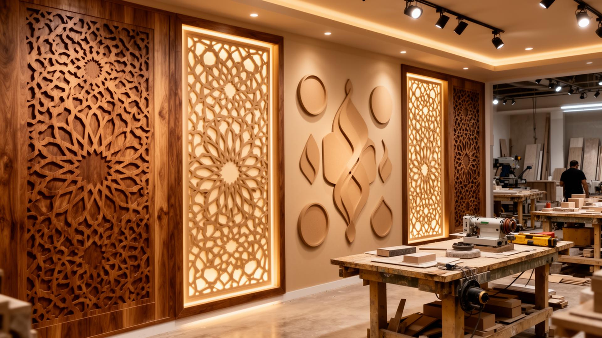 Gallery Interior Decor CNC cutting workshop with decorative wooden panels and mashrabiya designs