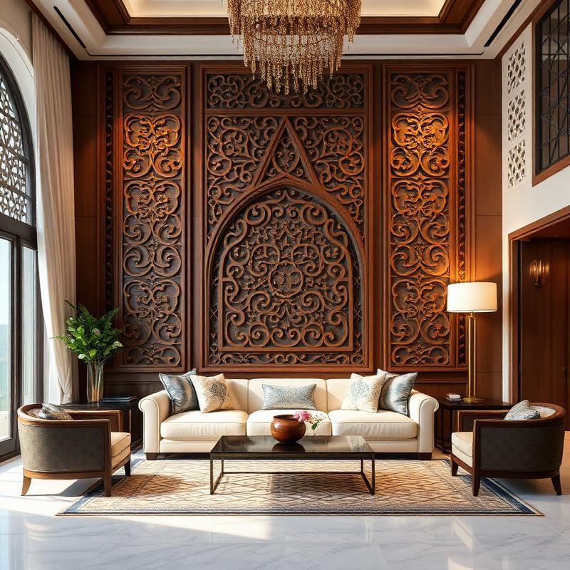 Luxury living room with CNC carved wooden wall panels and mashrabiya room divider