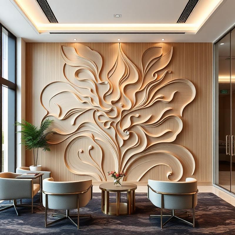 Modern office reception with decorative CNC wall art and MDF panels