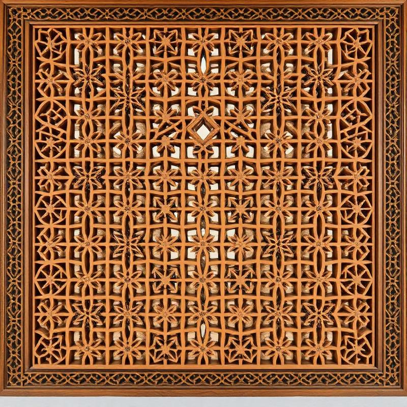 Intricate mashrabiya wooden screen with geometric Islamic patterns